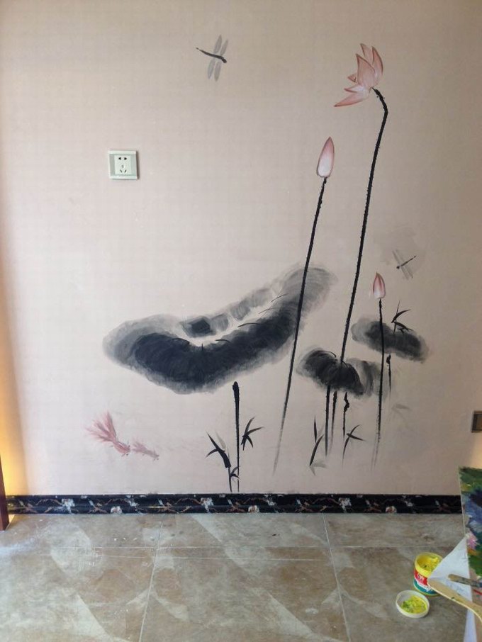 水墨风格室内家庭荷花墙绘
