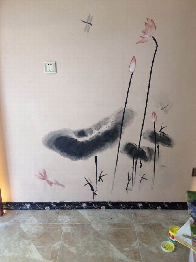 水墨风格室内家庭荷花墙绘